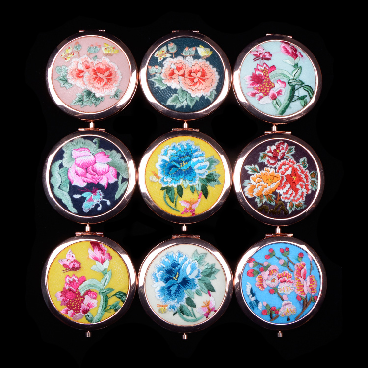 潜山化妆随身镜精品出国送礼刺绣中国风古风摄影 手绣镜子